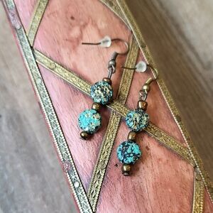 Vintage Textured Turquoise & Gold Tone Beaded Dangle Earrings
